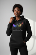 Black woman wearing L.E.D. rainbow wings hoodie