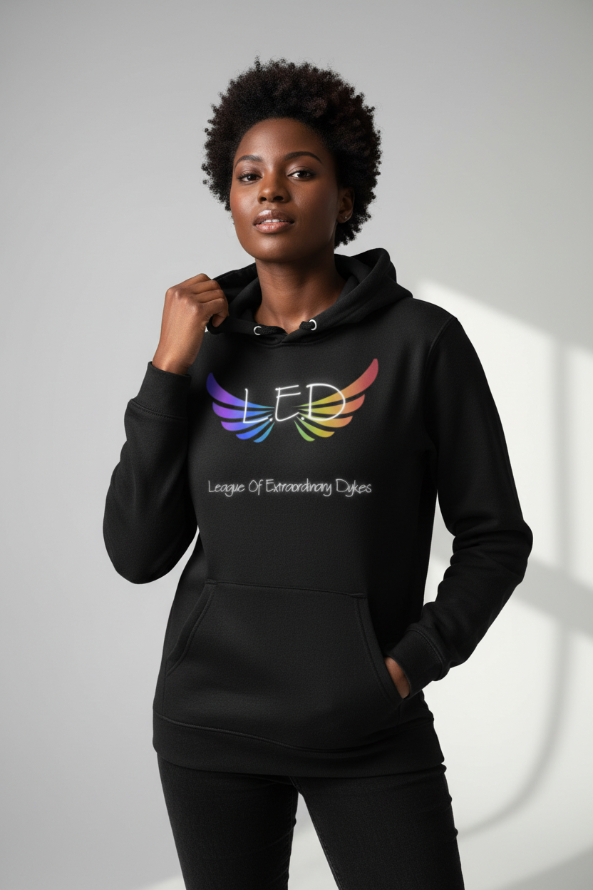 Black woman wearing L.E.D. rainbow wings hoodie