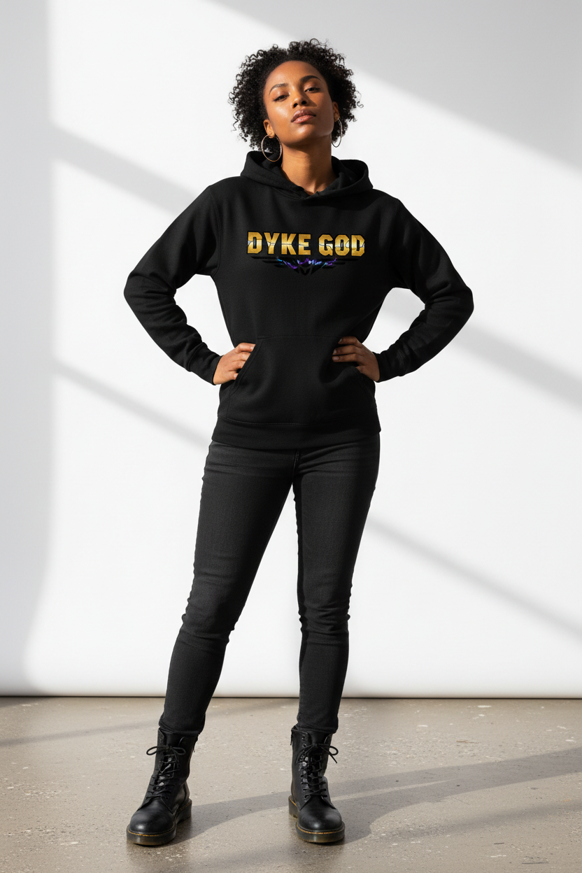 Brown-skinned woman wearing DYKE GOD hoodie in bold gold lettering