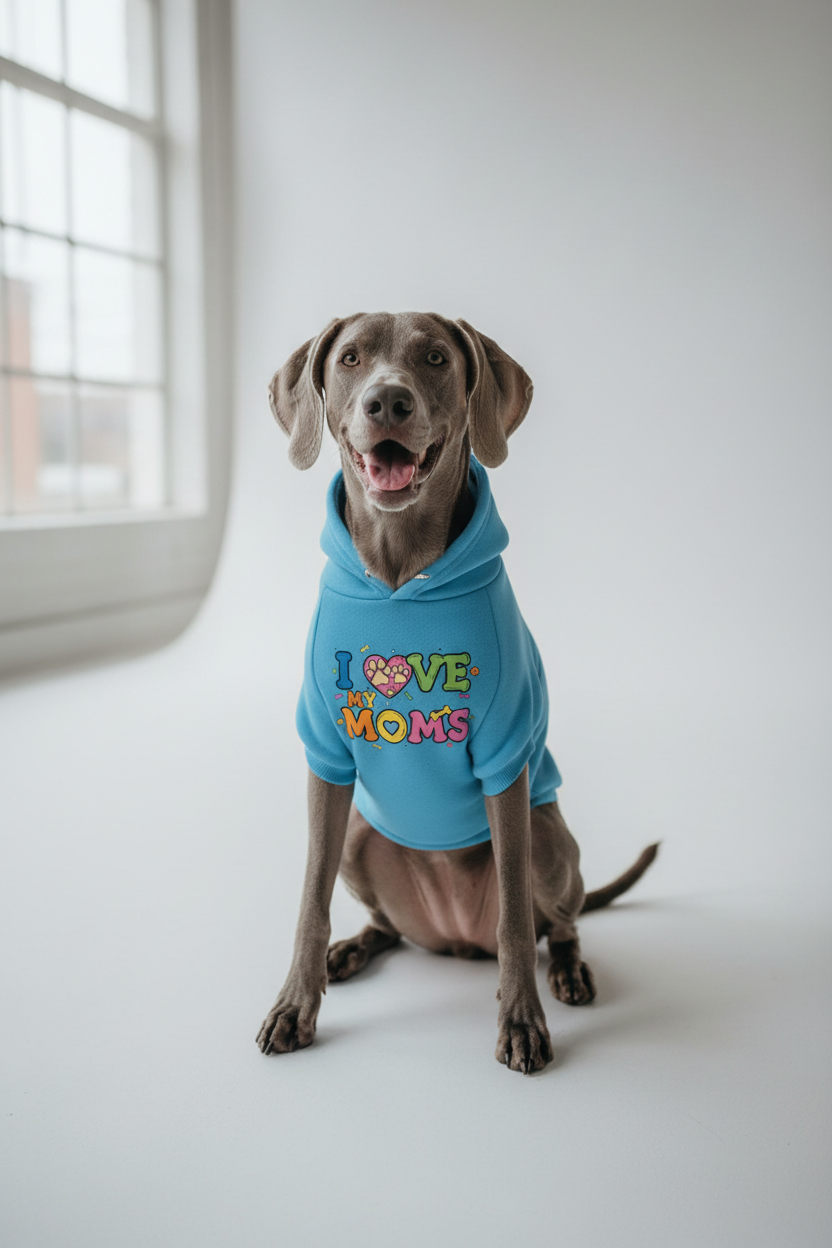Blue Weimaraner wearing I Love My Moms rainbow dog hoodie