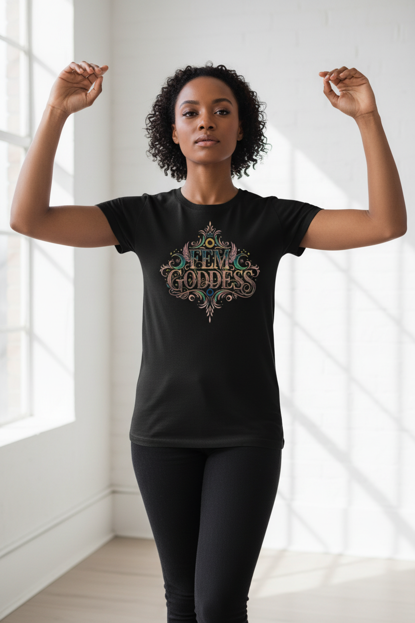 Black woman wearing FEM GODDESS t-shirt in elegant gold lettering