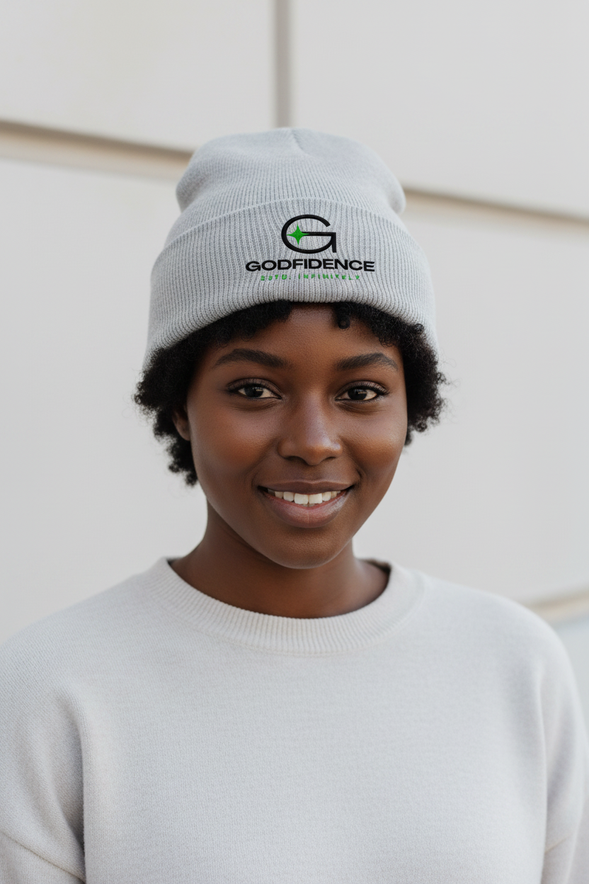 Black woman wearing Godfidence skully beanie