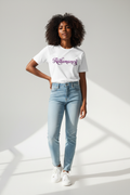 Black woman wearing white Redamancy t-shirt with amethyst typography