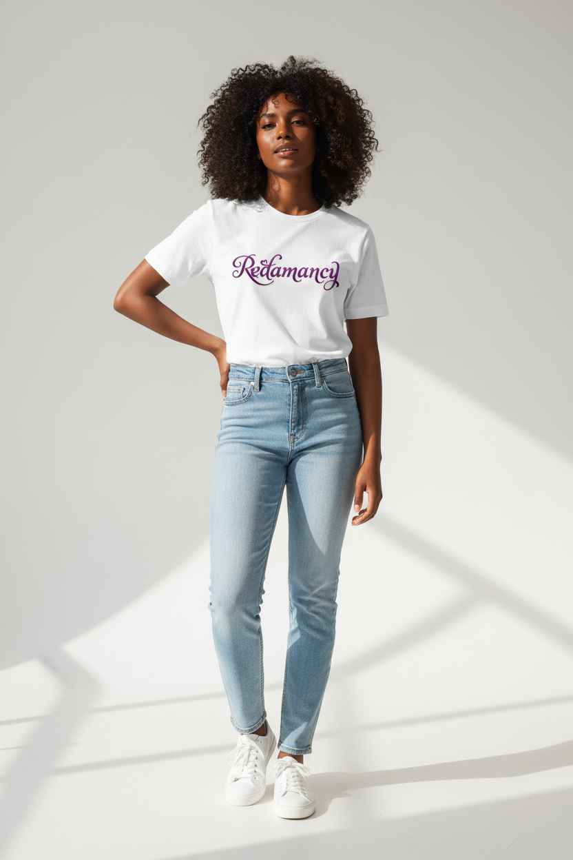 Black woman wearing white Redamancy t-shirt with amethyst typography