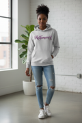 Black woman wearing Redamancy hoodie with amethyst typography