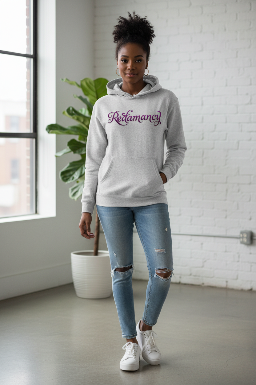 Black woman wearing Redamancy hoodie with amethyst typography