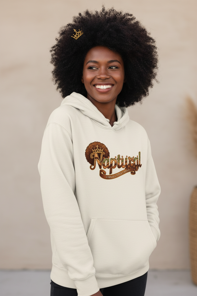 Black woman with natural hair wearing Naptural hoodie