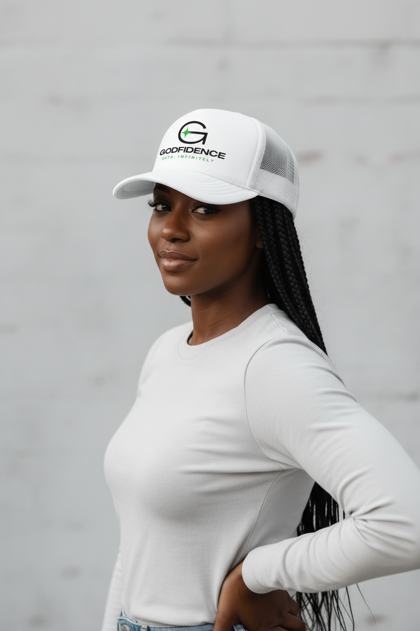 Black woman wearing Godfidence trucker hat