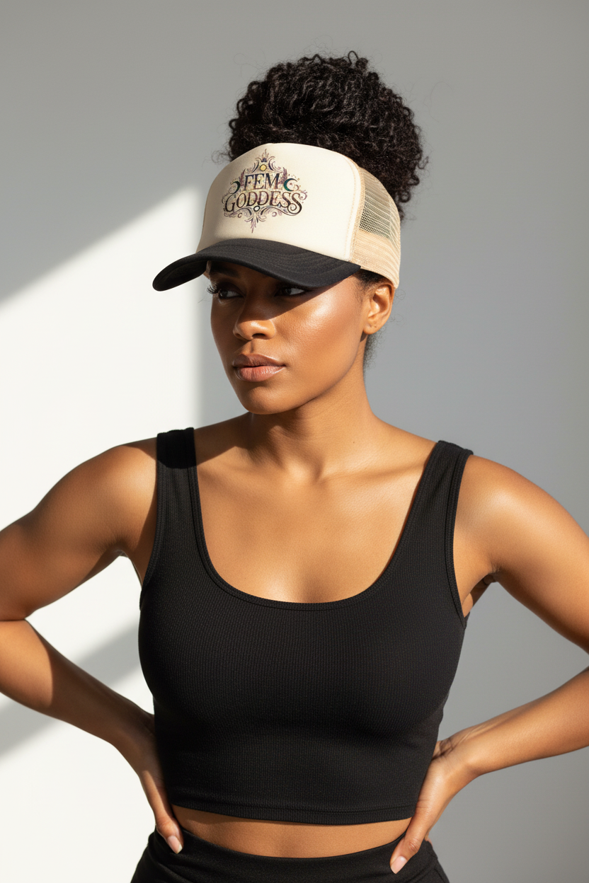 Brown-skinned woman wearing FEM GODDESS trucker hat