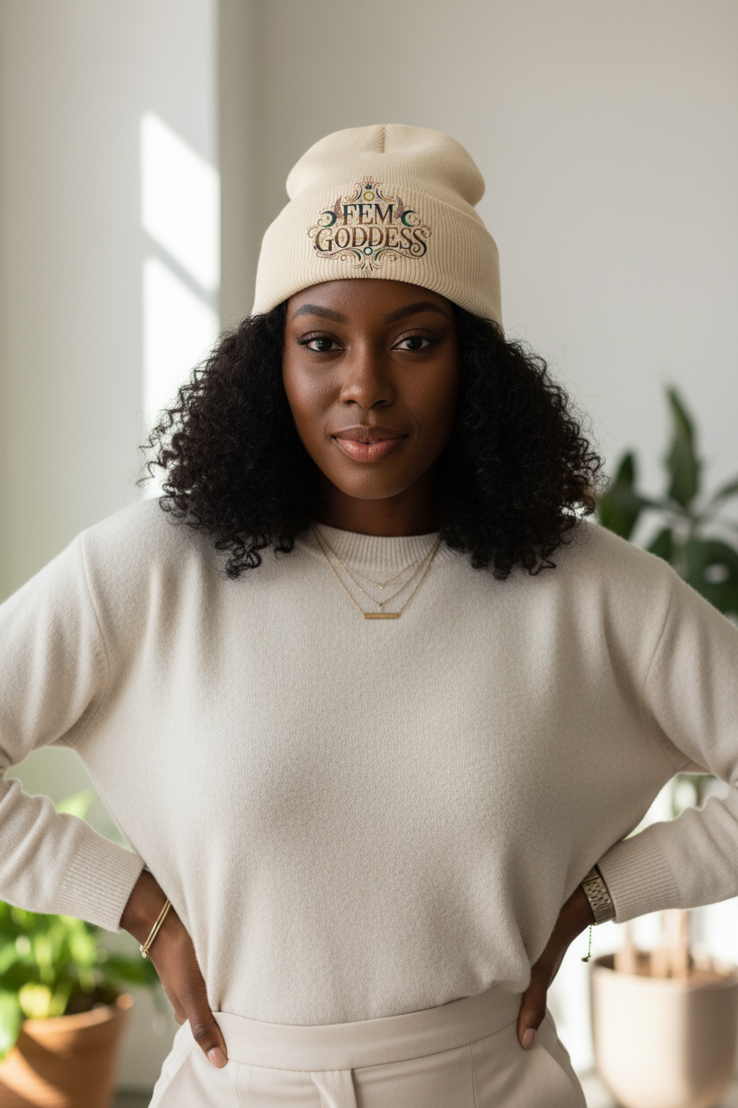 Black woman wearing FEM GODDESS skully beanie
