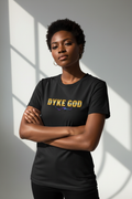 Black woman wearing DYKE GOD t-shirt in bold gold lettering