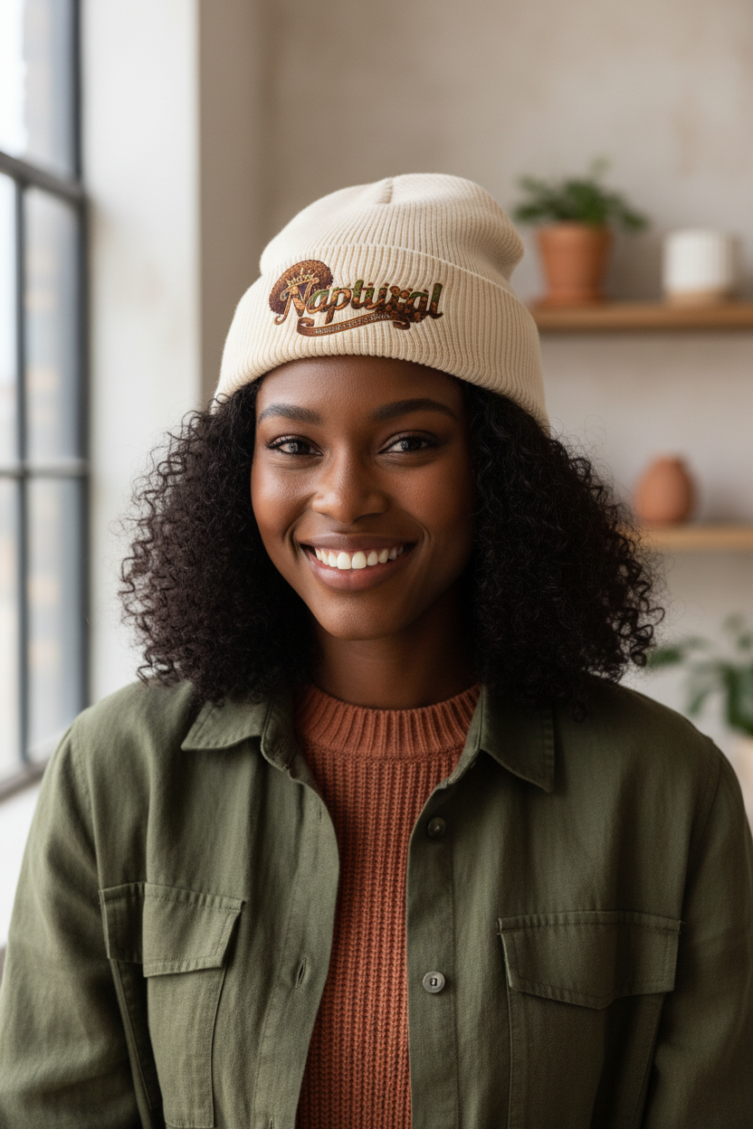 Black woman with natural hair wearing Naptural skully beanie