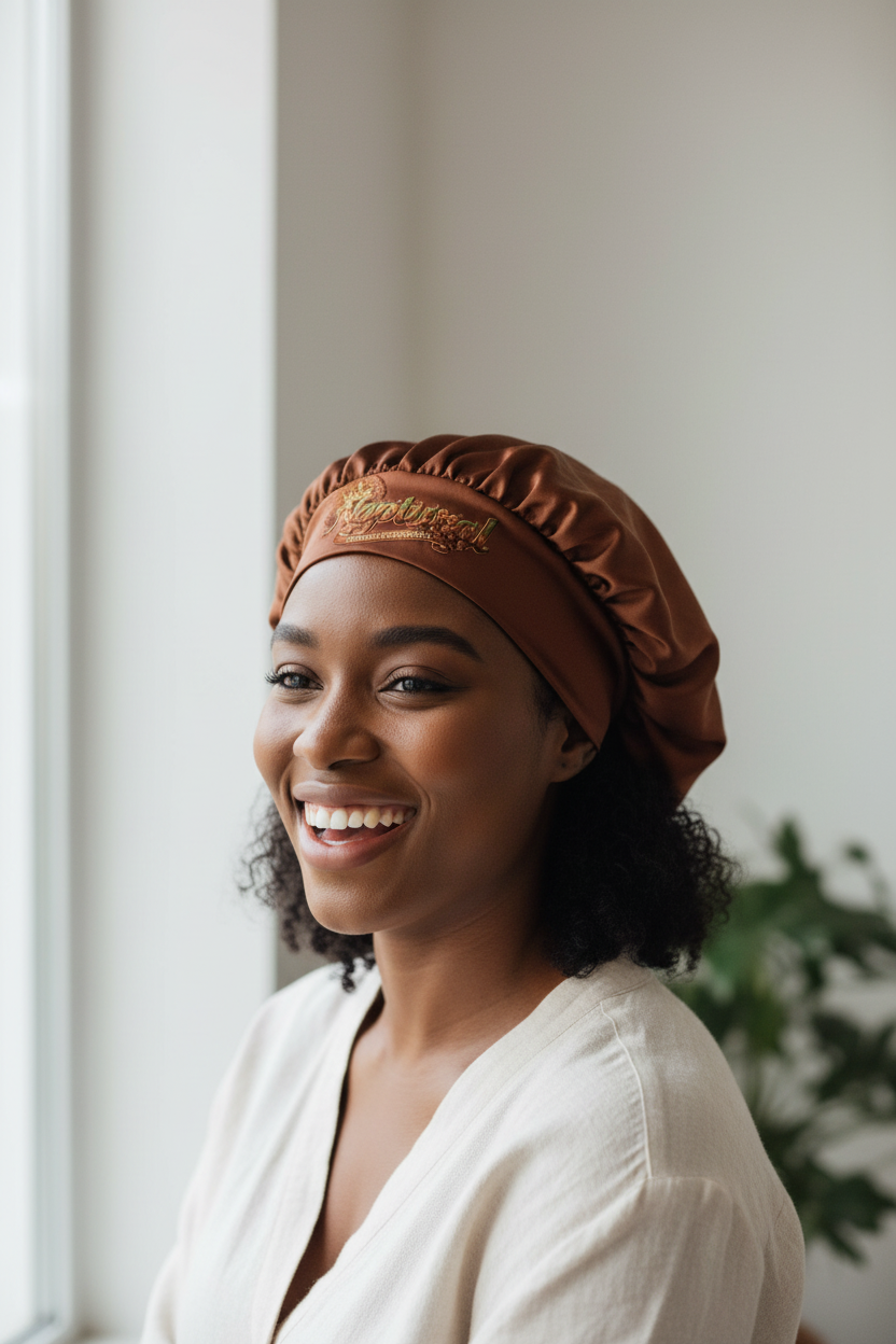 Black woman with natural hair wearing Naptural satin hair bonnet