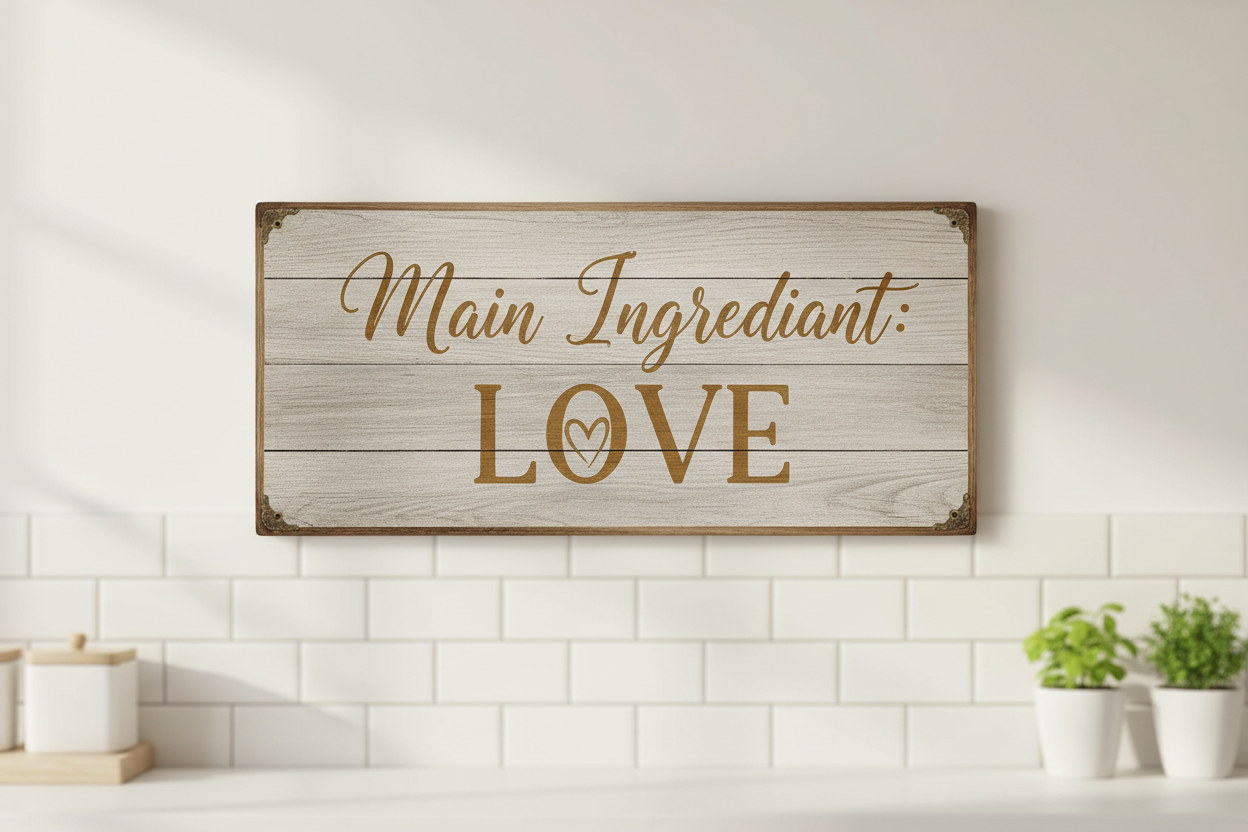 Main Ingredient Love kitchen wall sign in rustic style