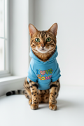 Bengal mix cat wearing I Love My Moms rainbow cat hoodie