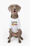 Blue Weimaraner wearing I Love My Moms rainbow dog t-shirt