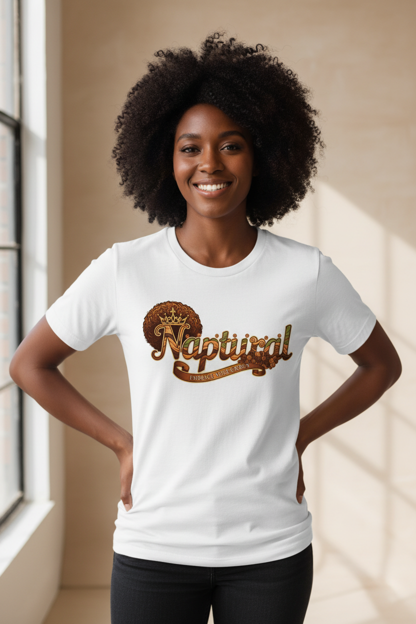 Black woman with natural hair wearing Naptural t-shirt