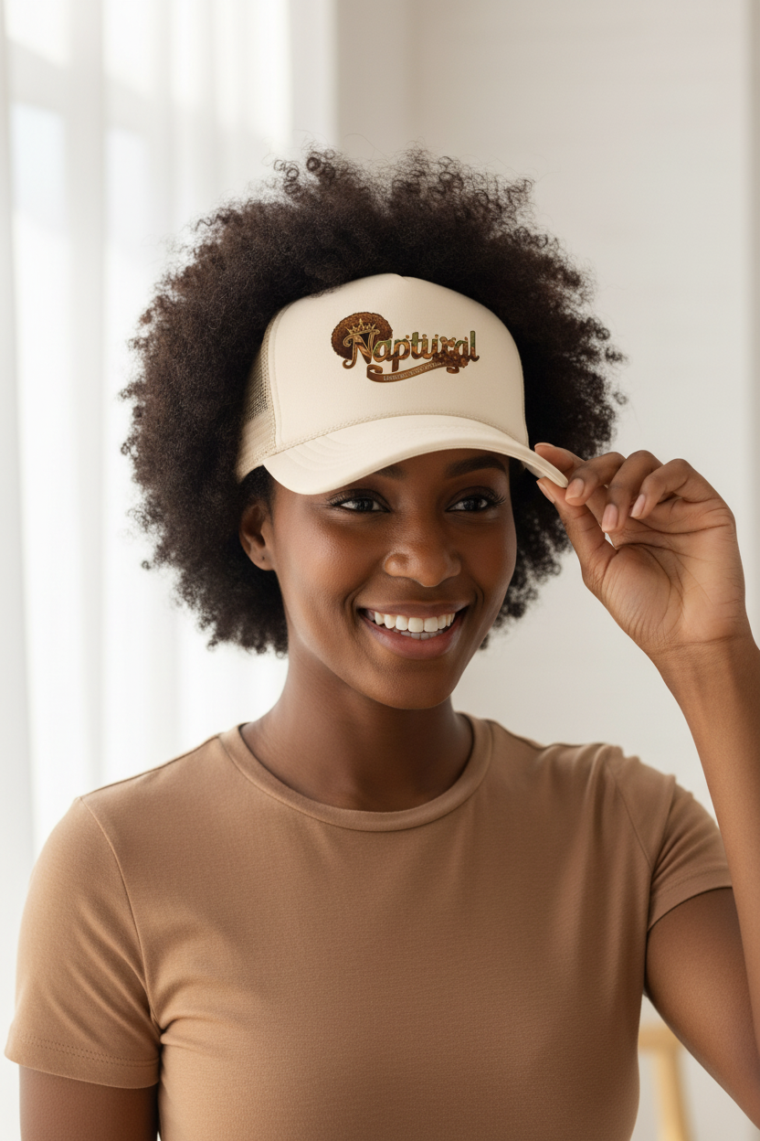 Black woman with natural hair wearing Naptural trucker hat