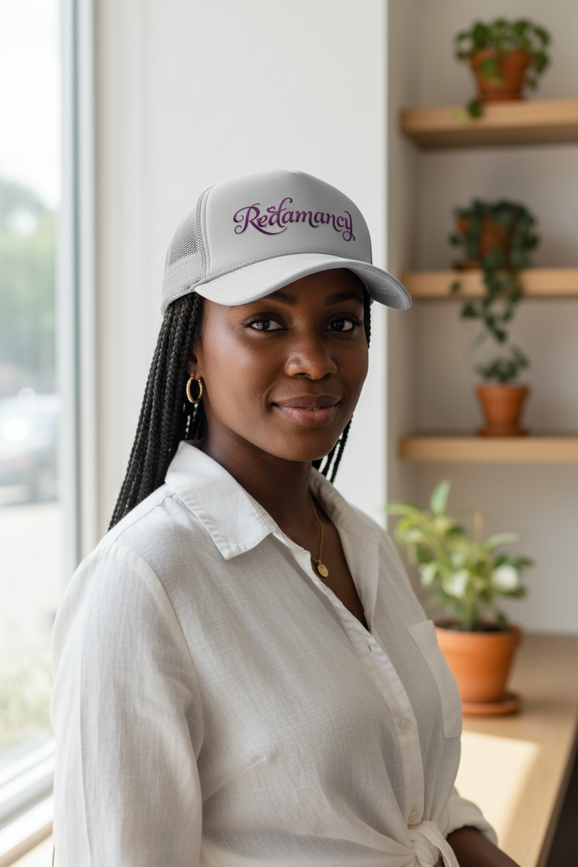 Black woman wearing Redamancy trucker hat with amethyst typography