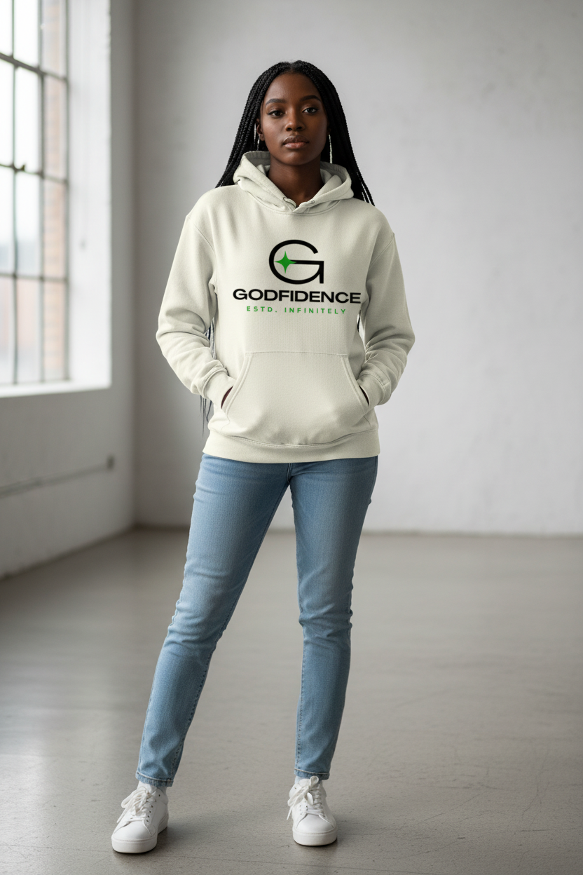 Black woman wearing light grey Godfidence hoodie