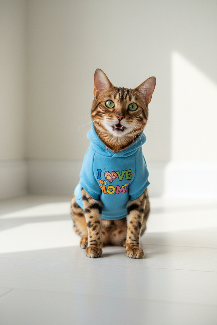 Bengal mix cat wearing I Love My Moms rainbow cat t-shirt