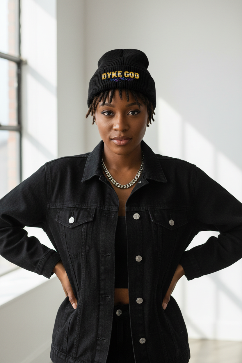 Black woman wearing DYKE GOD skully beanie